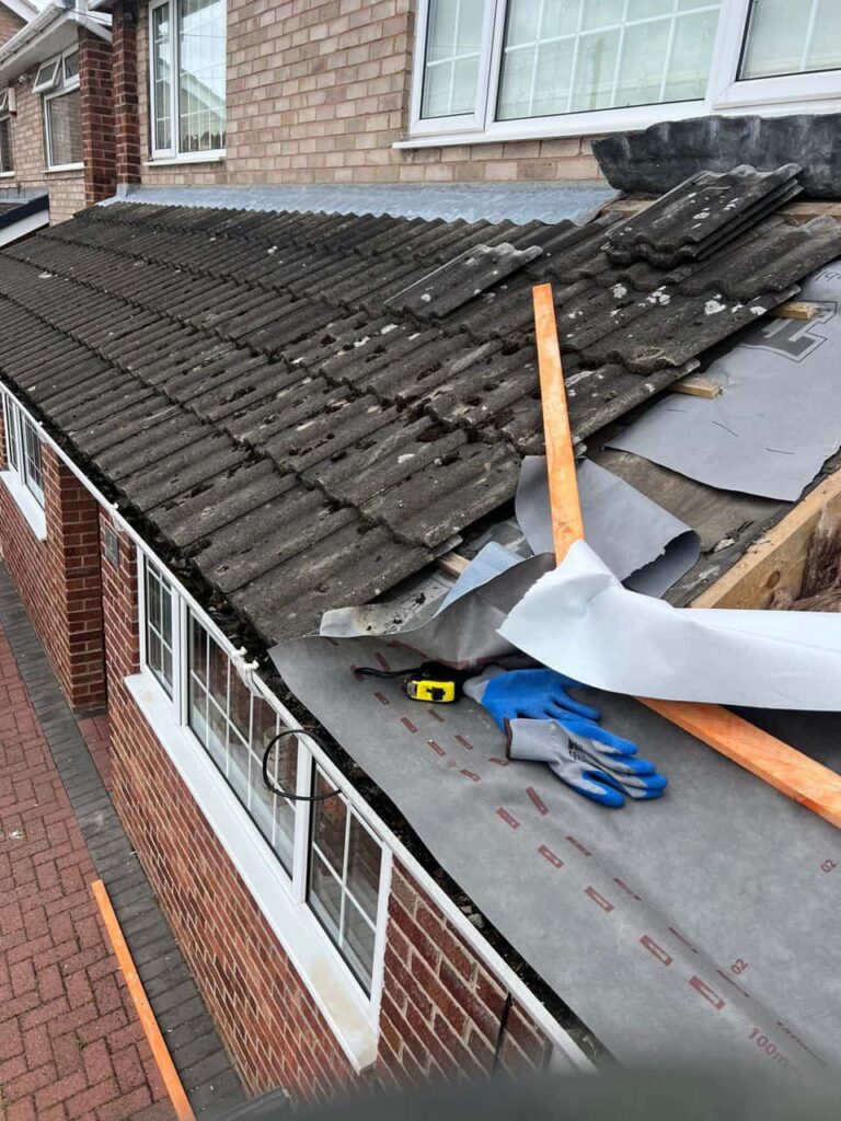 This is a photo of a pitched roof which is being repaired. The existing roof was leaking badly. Works carried out by Rainworth Roofing Repairs